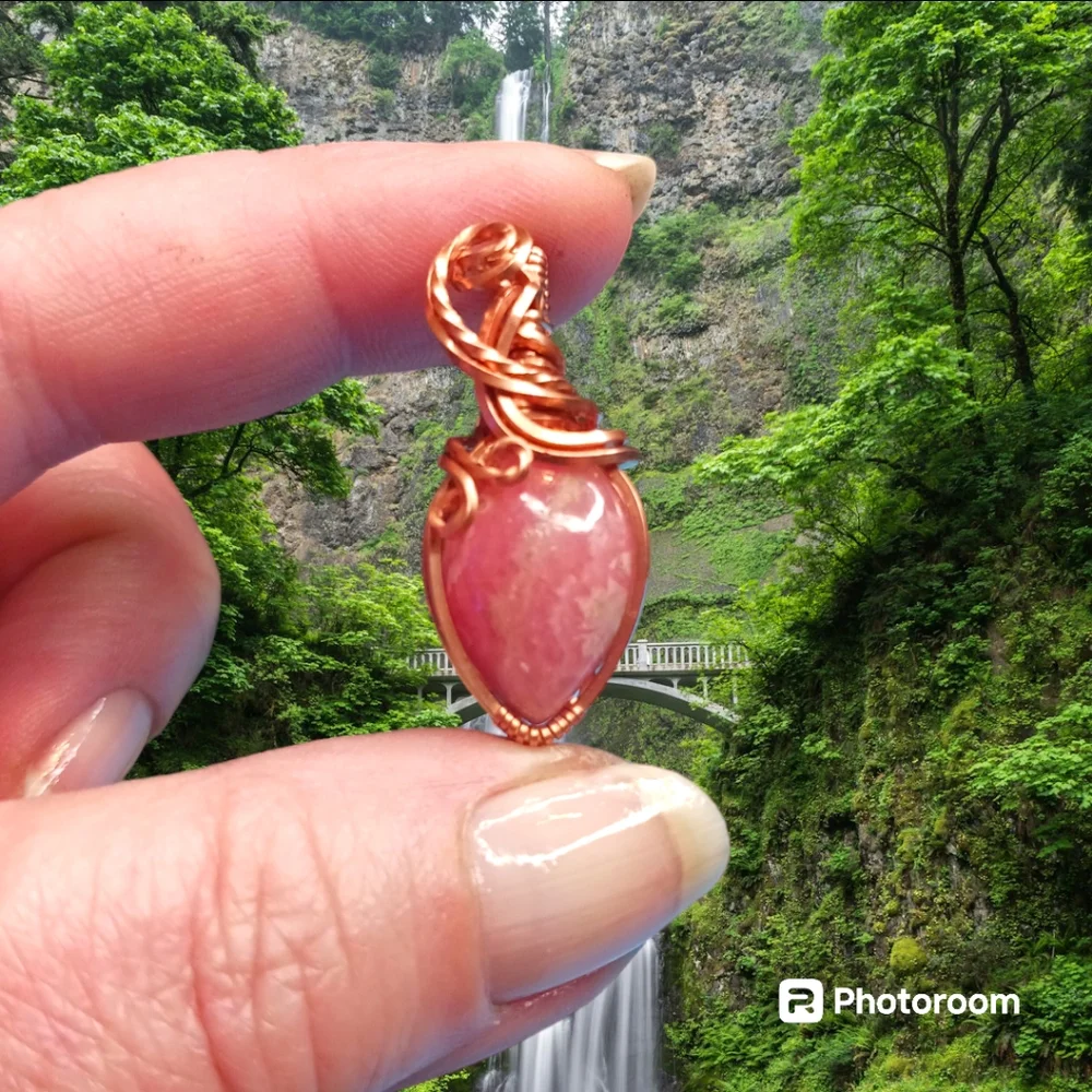 Artisan Copper Wire Wrap Rhodocrosite Pendant - Picture 4 of 6